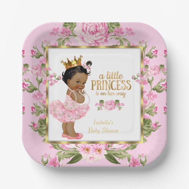 Assiettes En Carton Ethnic Princess Baby shower rose or Rose Floral (Recto)