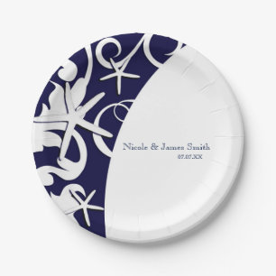 Assiettes En Carton Étoile de mer blanche mariage élégant plage bleu m