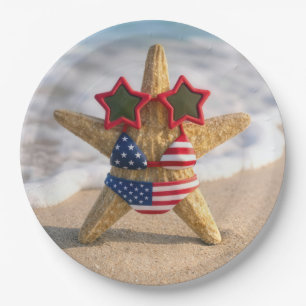 Assiettes En Carton Étoile de mer portant un bikini à drapeau et des l