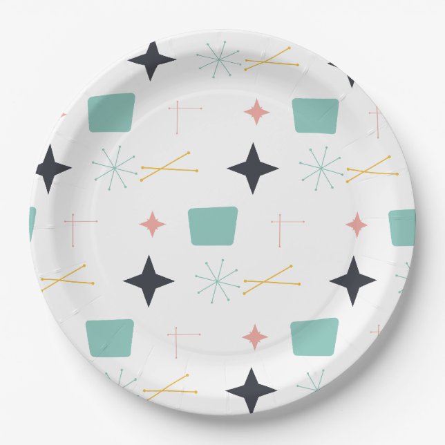 Assiettes En Carton Étoiles atomiques modernes du milieu du siècle (Devant)