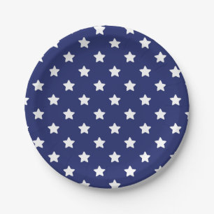 Assiettes En Carton Étoiles blanches patriotiques sur bleu marine