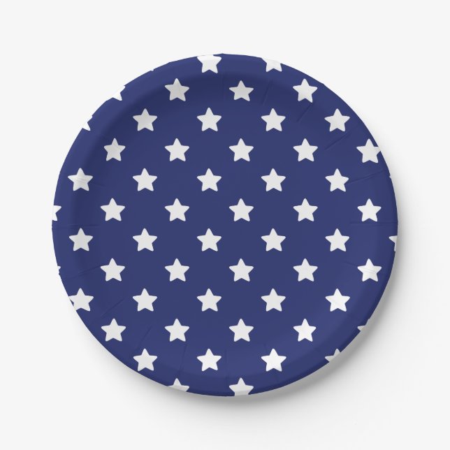 Assiettes En Carton Étoiles blanches patriotiques sur bleu marine (Devant)