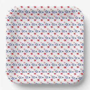 ASSIETTES EN CARTON ÉTOILES BLEUES ROUGES PATRIOTIQUES
