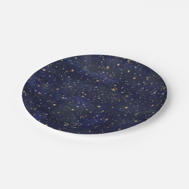 Assiettes En Carton Etoiles célestes bleues et dorées Aquarelle lunair (Angle)