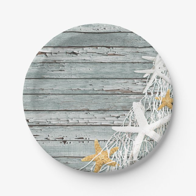 Assiettes En Carton Étoiles de mer en bois patinées rustiques prenant (Devant)