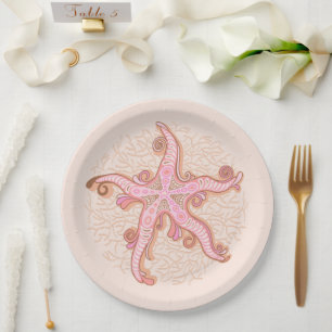 Assiettes En Carton Étoiles de mer et motif pastel rose corail