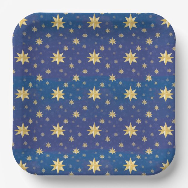 Assiettes En Carton Étoiles de Noël Or sur bleu (Recto)