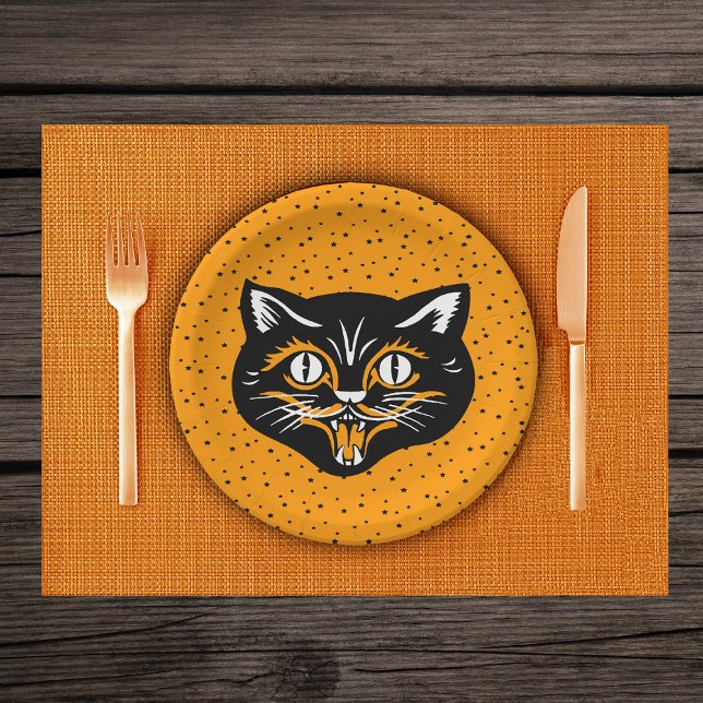Assiettes En Carton Étoiles de visage de chat Halloween noir et orange (Smiling Vintage black cat face with black stars on vibrant orange party paper plates.)