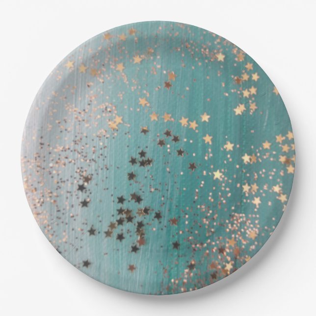 Assiettes En Carton Étoiles d'or chatoyantes sur Turquoise  (Devant)