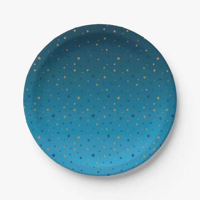 Assiettes En Carton étoiles d'or sur le bleu. (Devant)