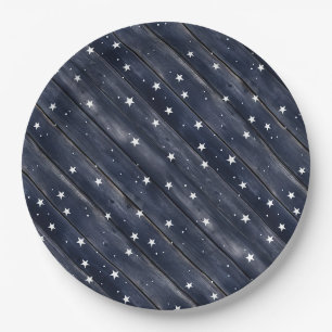 Assiettes En Carton Étoiles en Bois Bleu Rustique 