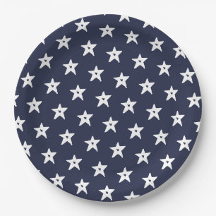 Assiettes En Carton Étoiles Patriotique Bleues et Blancs avec Coeurs