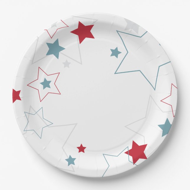 Assiettes En Carton Étoiles patriotiques rouges blanches et bleues (Devant)
