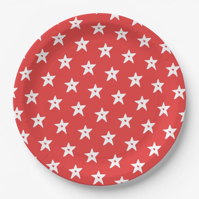 Assiettes En Carton Étoiles patriotiques rouges et blanches avec coeur (Devant)