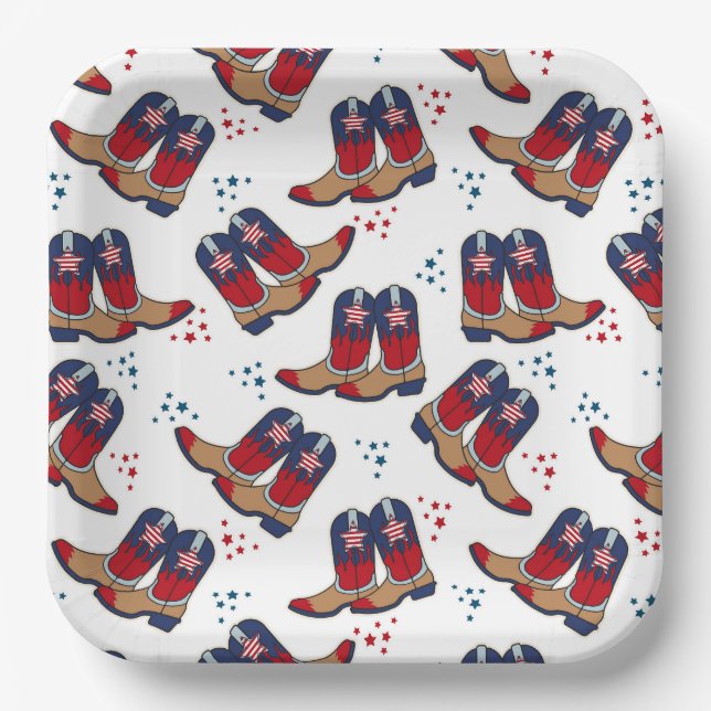 Assiettes En Carton Étoiles, rayures et bottes de cowboy - Parti patri (Recto)