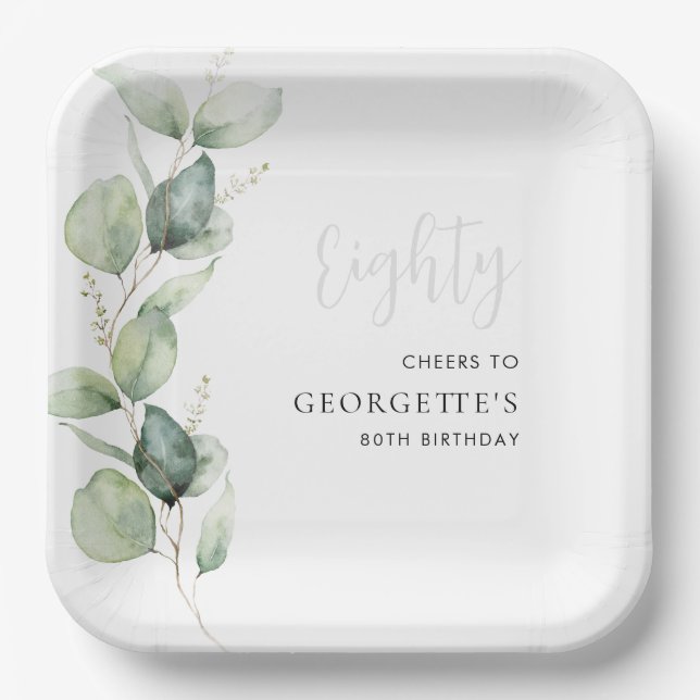 Assiettes En Carton Eucalyptus Aquarelle 80e Anniversaire (Recto)