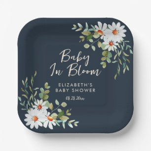 Assiettes En Carton Eucalyptus & Baby shower bleu marine