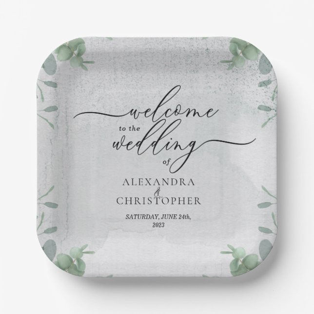 Assiettes En Carton Eucalyptus Bienvenue dans le jeu de mariages (Recto)