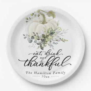 Assiettes En Carton Eucalyptus blanc Citrouille Thanksgiving vert