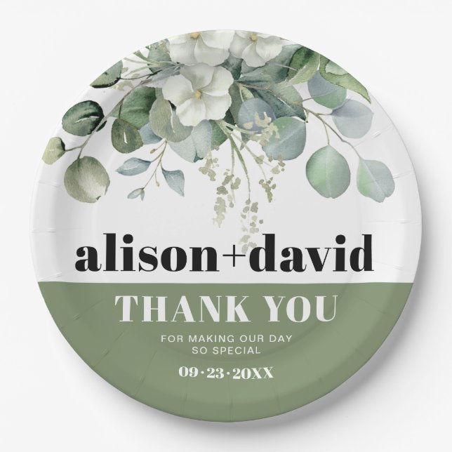 Assiettes En Carton Eucalyptus et fleurs blanches typographie mariage (Devant)