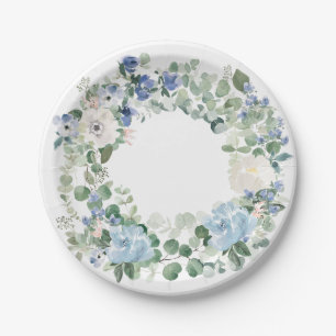 Assiettes En Carton Eucalyptus et Fleurs Bleu Clair Cottage Core