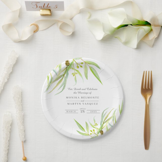 Assiettes En Carton Eucalyptus feuille vert aquarelle mariage feuillag (Mariage)