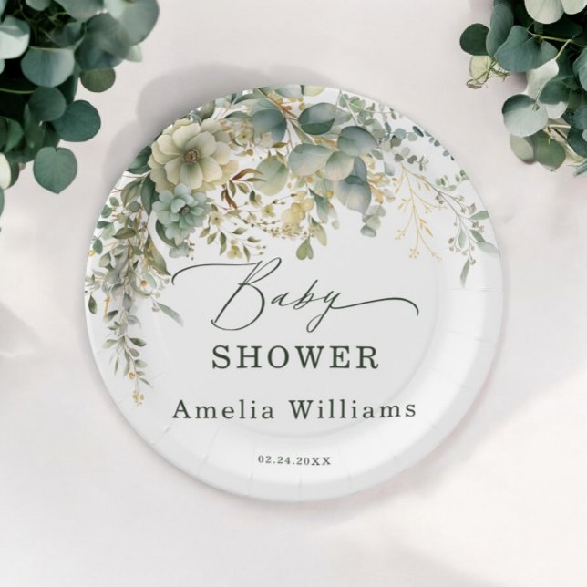 Assiettes En Carton Eucalyptus Fleur Aquarelle Vert Or (Créateur téléchargé)