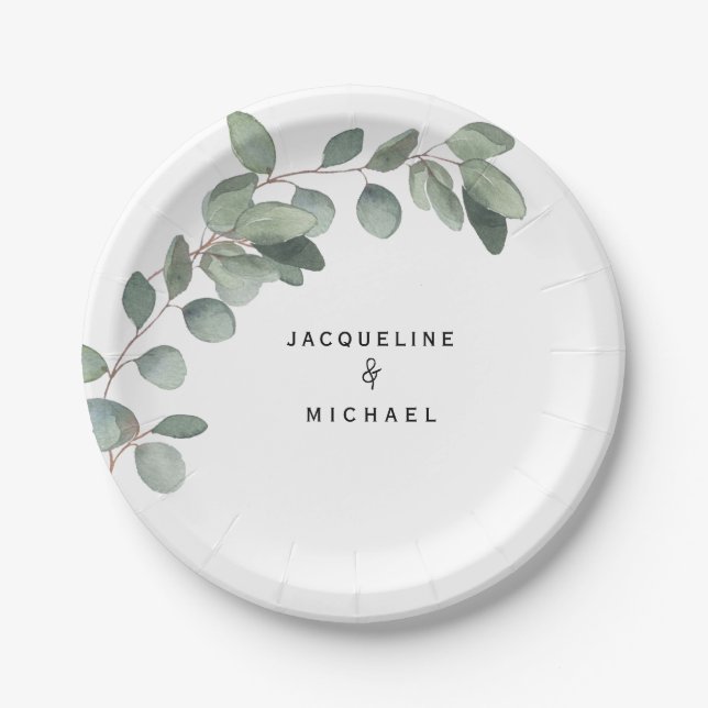 Assiettes En Carton Eucalyptus Foliage Mariage Noms modernes (Devant)