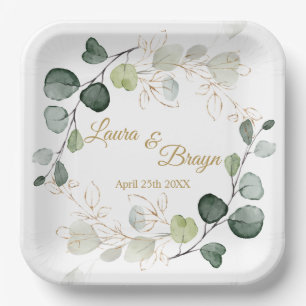 Assiettes En Carton Eucalyptus Foliage Or Feuille Mariage Plaque papie