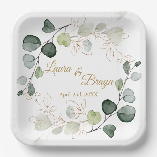 Assiettes En Carton Eucalyptus Foliage Or Feuille Mariage Plaque papie (Recto)