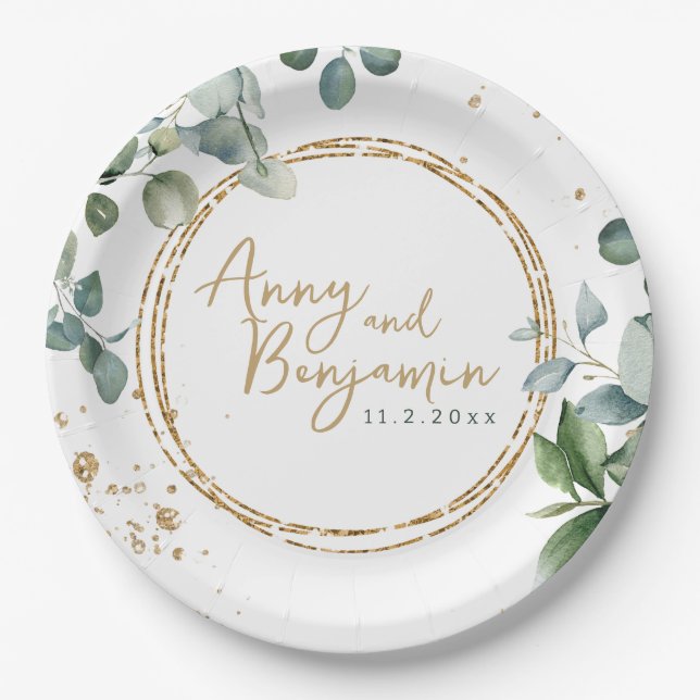 Assiettes En Carton Eucalyptus Gold Parties scintillant - Green Mariag (Devant)