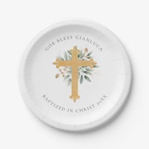 Assiettes En Carton Eucalyptus Green & Gold Cross Baptism Party