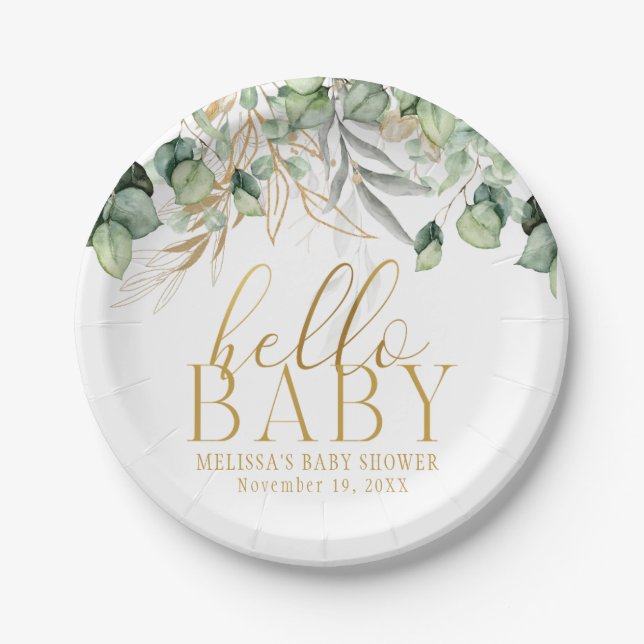 Assiettes En Carton Eucalyptus Green Leaf & Gold Hello Baby (Devant)