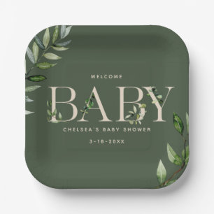 Assiettes En Carton Eucalyptus Letter Baby shower vert neutre