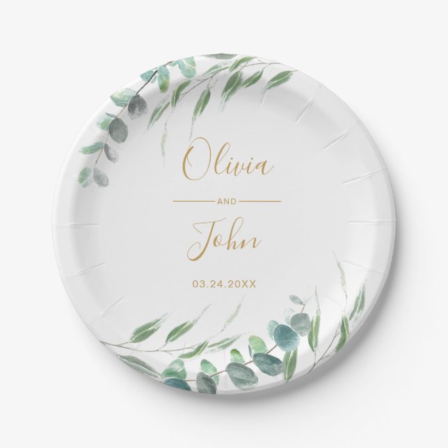 Assiettes En Carton Eucalyptus moderne Vert Aquarelle Or Nom (Devant)