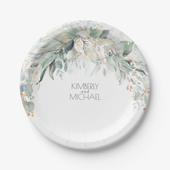 Assiettes En Carton Eucalyptus Verdure Aquarelle Mariage d'été (Devant)