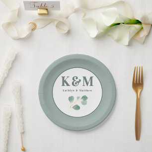 Assiettes En Carton Eucalyptus Verdure Moderne Mariage Monogramme
