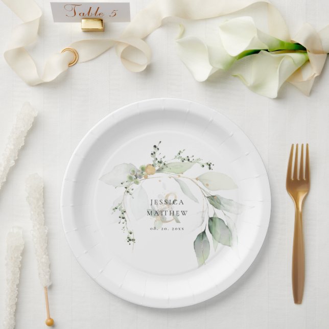 Assiettes En Carton Eucalyptus vert et or moderne (Mariage)