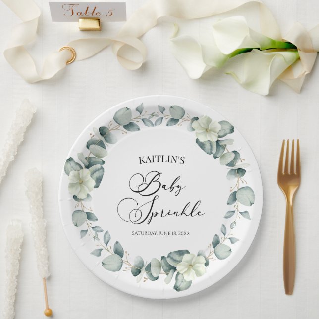 Assiettes En Carton Eucalyptus Vert Feuille Botanique Bébé saupoudré (Mariage)