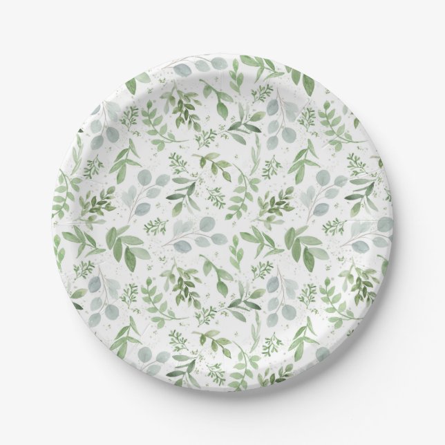 Assiettes En Carton Eucalytus aquarelle et Motif vert (Devant)