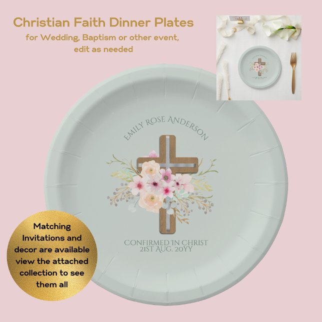 Assiettes En Carton Événement de confirmation Croix florale personnali (Créateur téléchargé)