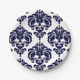 Assiettes En Carton Événement de mariage vintage bleu marine et blanc