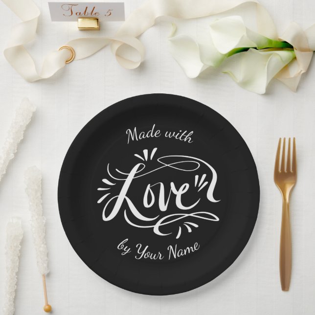 Assiettes En Carton Fabriqué avec amour belle main lettré noir (Mariage)
