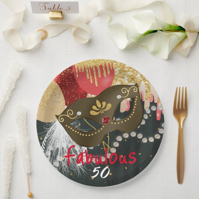 Assiettes En Carton Fabuleux 50 Mascarade en bronze Masque & Perles (Mariage)
