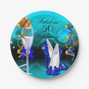 Assiettes En Carton Fabuleux 50 Royal Blue Turquoise Gold fête d'anniv