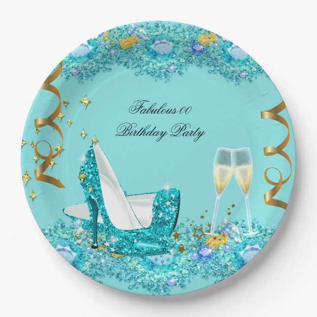 Assiettes En Carton Fabuleux anniversaire Turquoise Blue Heels Champag (Devant)