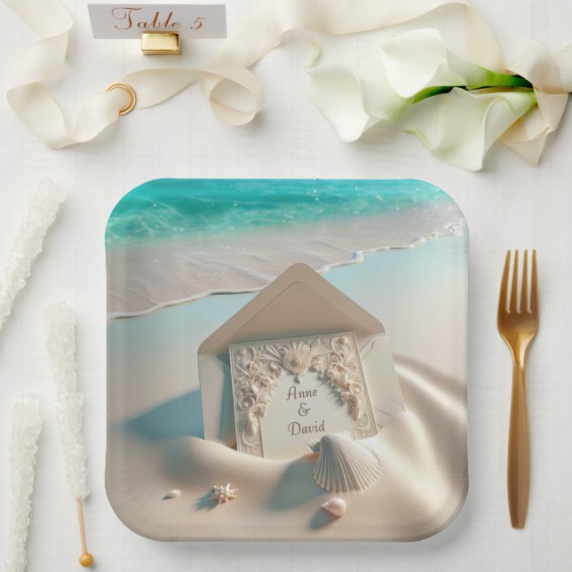 Assiettes En Carton Faire-part de mariage Sur Le Sable De Plage (Mariage)