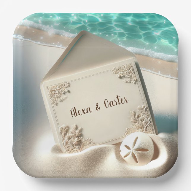 Assiettes En Carton Faire-part de mariage tropicale sur une plage (Recto)