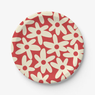 Assiettes En Carton Faisées rétros Motif Floral Rouge et Crème