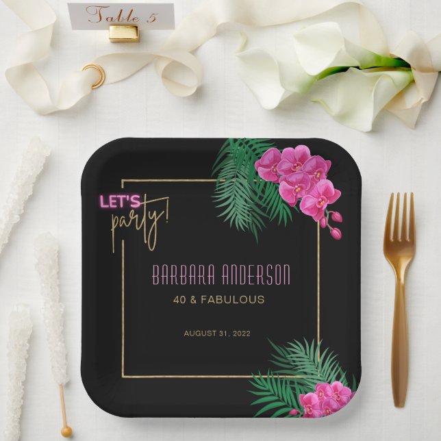Assiettes En Carton Faisons la fête Black Gold Neon Tropical 40e anniv (Mariage)